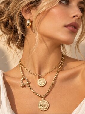 Old Money Gold Layered Coin Pendant Necklace Set - Women Jewelry